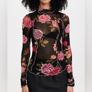 Free People Black Floral Long Sleeve Top